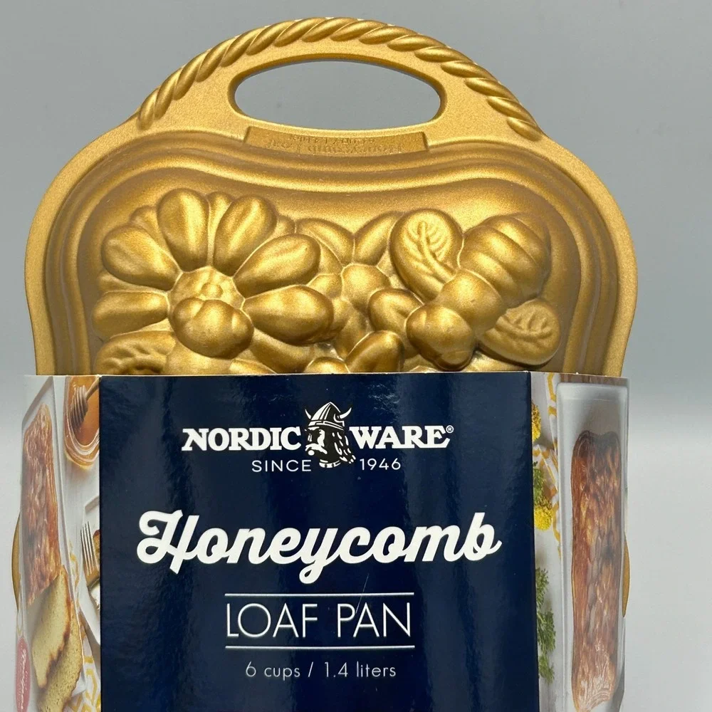 Nordic Ware Loaf Pan Honeycomb Bees Flowers Bunt Cake Cast Aluminum Gold New NWT